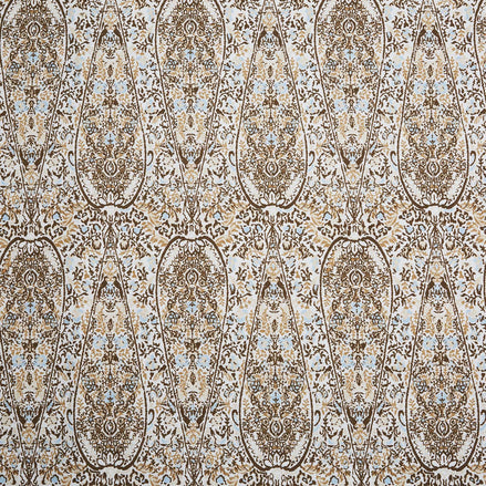 A John Robshaw Ishya Chestnut Fabric with a digitally printed beige and blue paisley pattern.