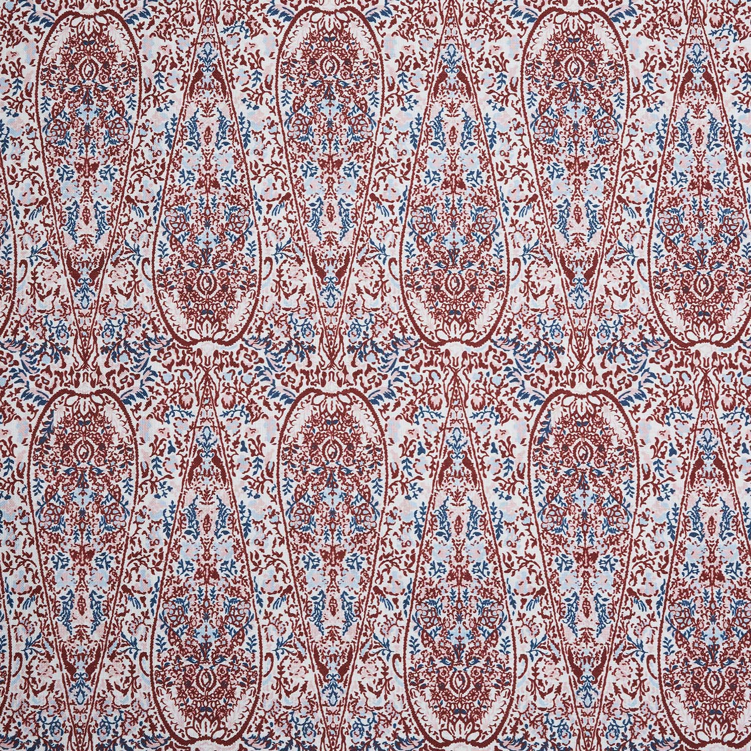 A John Robshaw Ishya Teak Fabric with a red and blue paisley print.
