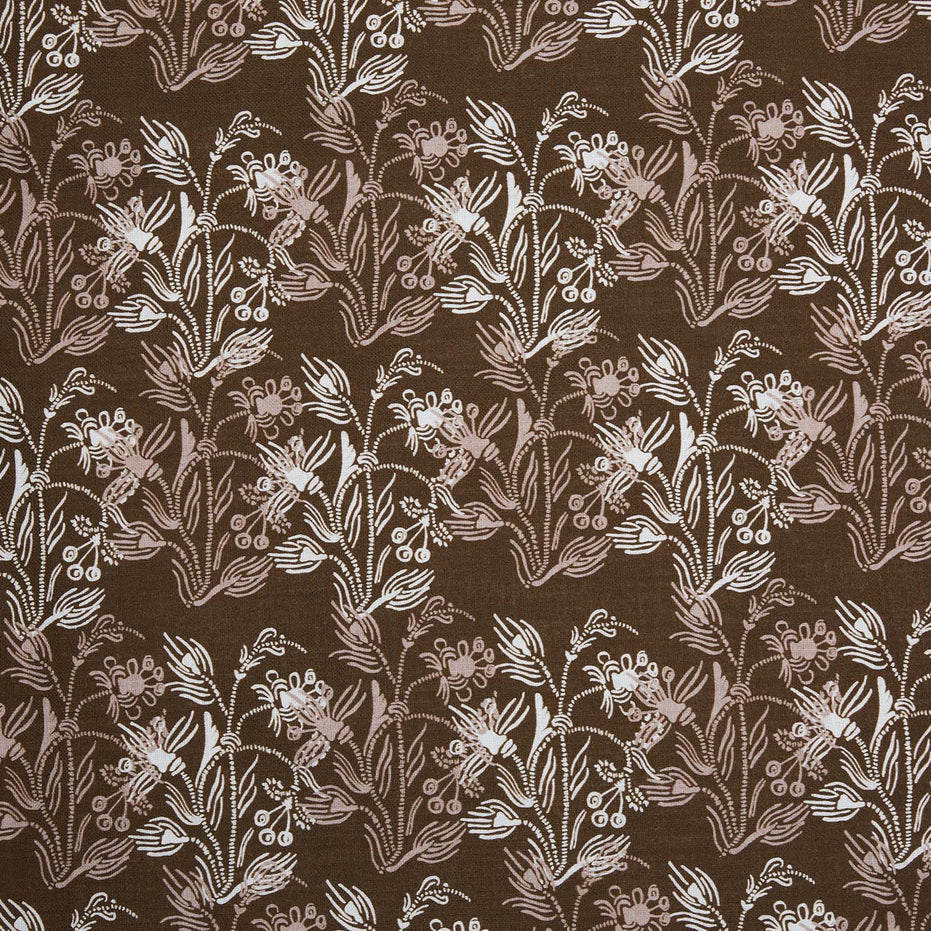 A digitally printed Ananya Chestnut Fabric by John Robshaw, featuring a brown and white floral pattern.