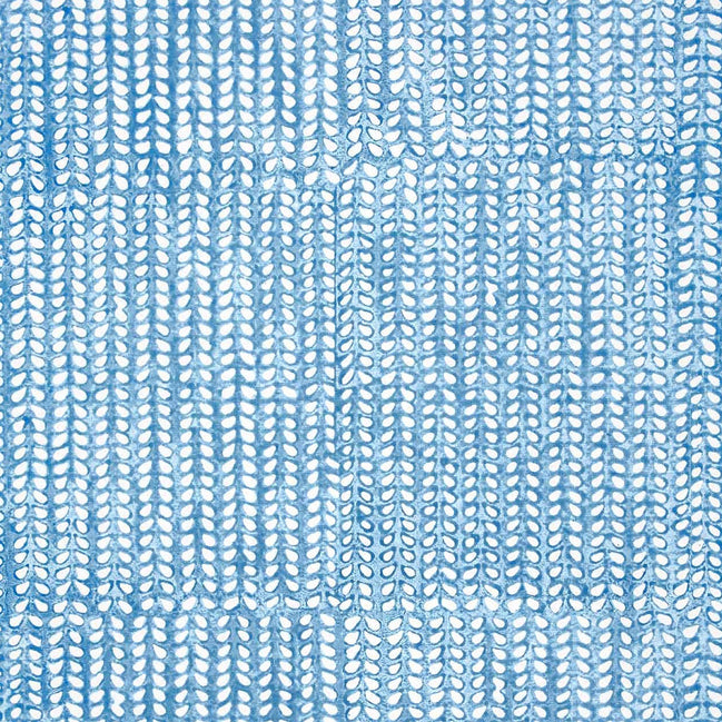 An artisan handmade Aleppo Light Indigo Wallpaper with a blue and white pattern on a clay coated white wallpaper background, by John Robshaw.