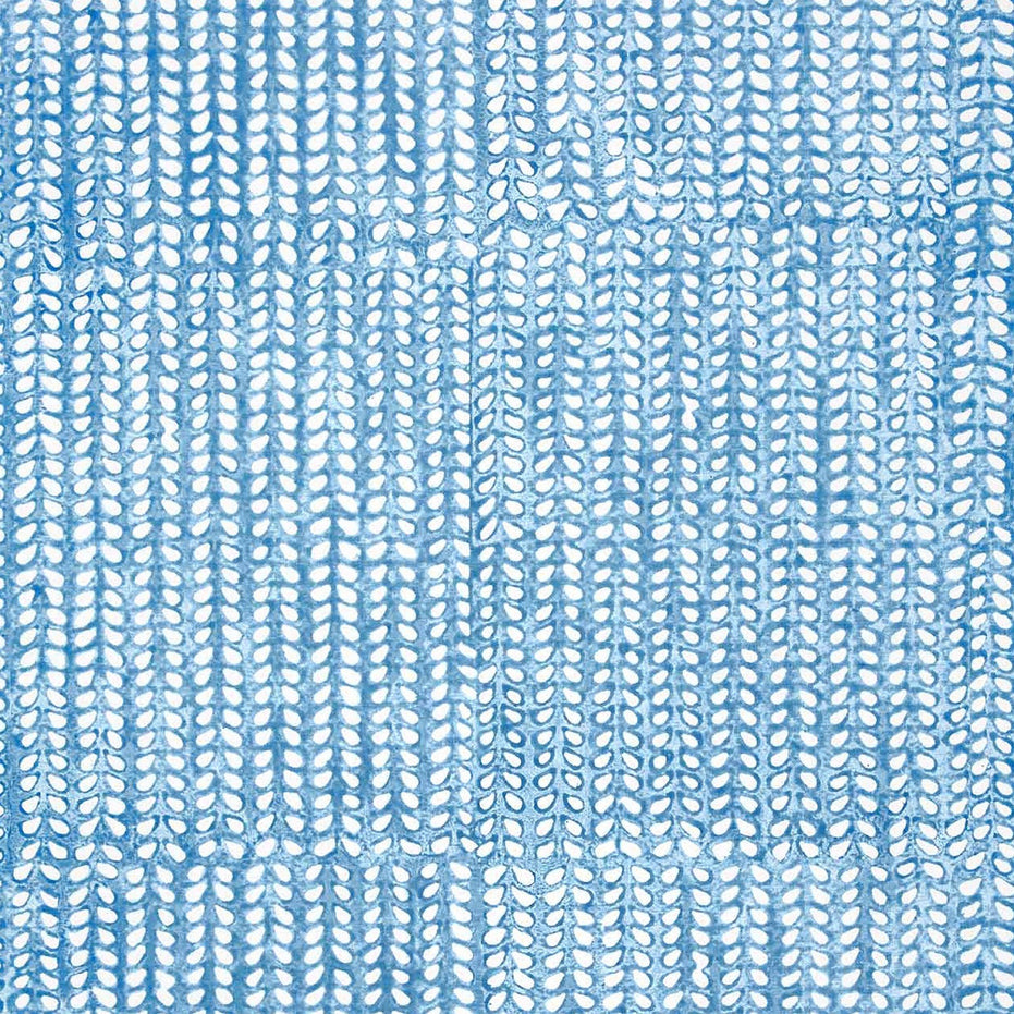 An artisan handmade Aleppo Light Indigo Wallpaper with a blue and white pattern on a clay coated white wallpaper background, by John Robshaw.