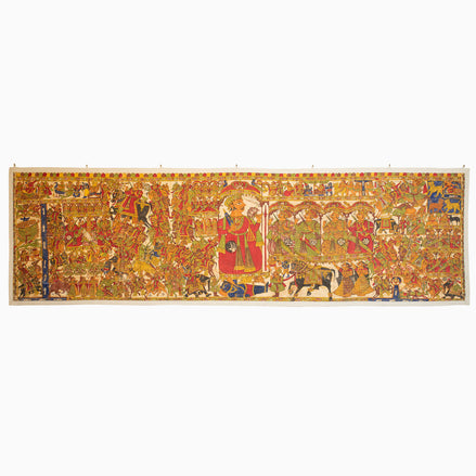 A Let the Pageant Begin Tapestry by John Robshaw, depicting a scene from a regal Buddhist temple, discovered while traveling in India.