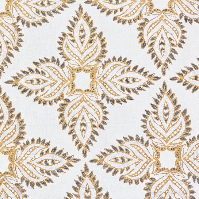 A golden paisley protective symbol on a white background, featuring the Diba Silver Fabric by John Robshaw.