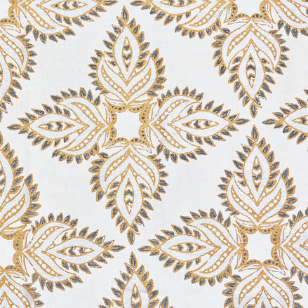 A golden paisley protective symbol, featuring the Diba Silver Fabric by John Robshaw.