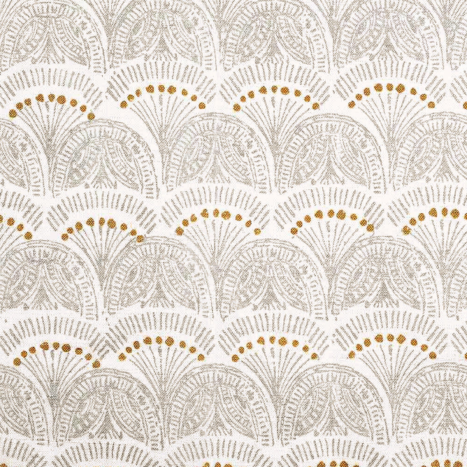 An ancient Greek-inspired pattern featuring handpainted white and gold motifs on a white background, showcasing traditional craftsmanship of the Faris Silver Fabric by John Robshaw.