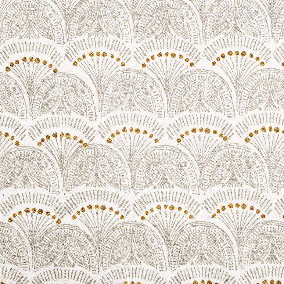 An ancient Greek-inspired pattern featuring handpainted white and gold motifs on a white background, showcasing traditional craftsmanship of the Faris Silver Fabric by John Robshaw.