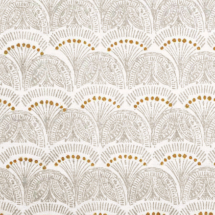 An ancient Greek-inspired pattern featuring handpainted white and gold motifs, showcasing traditional craftsmanship of the Faris Silver Fabric by John Robshaw.