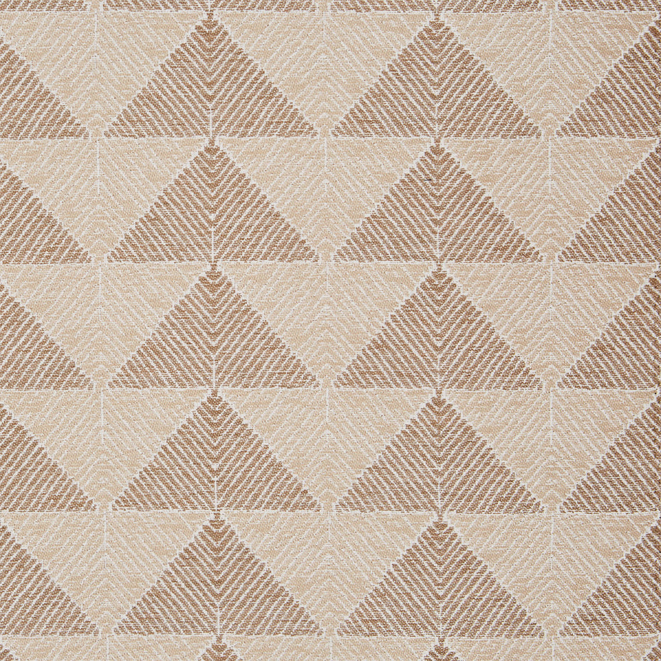 A beige and tan John Robshaw Farzu Sand Performance Fabric rug with triangles on it.