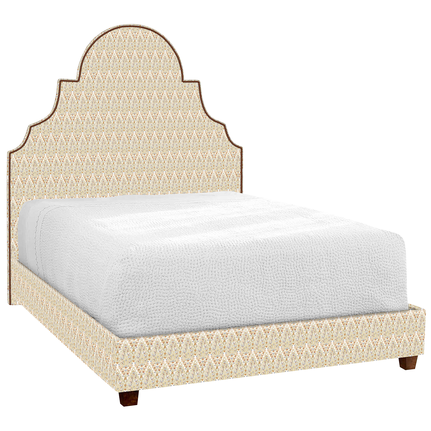 A Custom Dara Bed with a beige patterned headboard and footboard available for white glove delivery by John Robshaw.