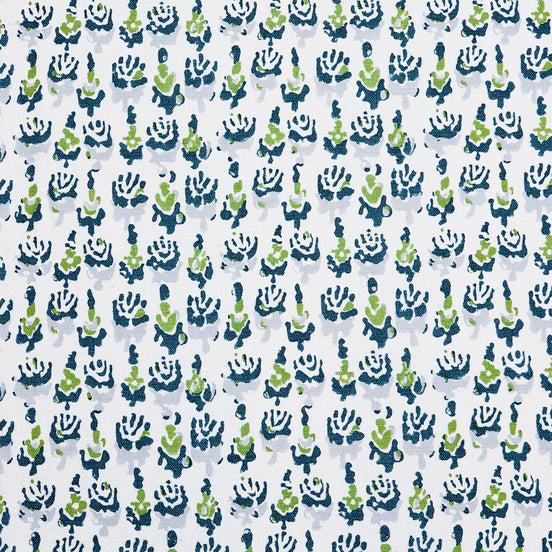 A John Robshaw Kiki Peacock Fabric-inspired, blue and green cactus print on a white background.