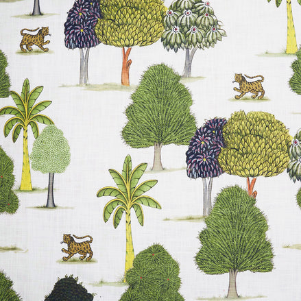 A digitally printed Kulina Moss Fabric showcasing Bengal tigers in the Ranthambore Tiger Reserve by John Robshaw.