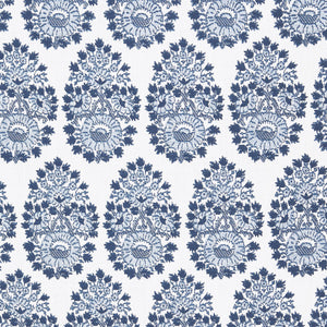 A blue and white paisley pattern featuring block prints, the Lanka Azure Performance Fabric by John Robshaw.