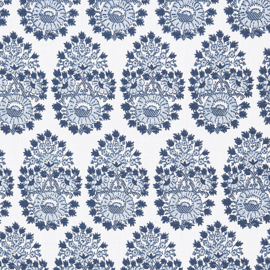 A blue and white paisley pattern on a white background featuring block prints, the Lanka Azure Performance Fabric by John Robshaw.