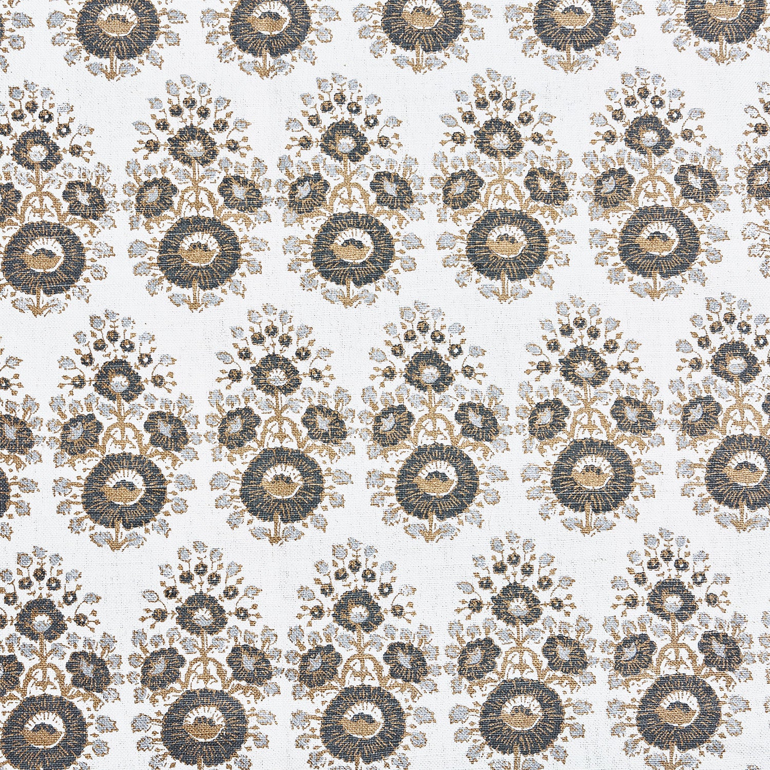 A black and gold paisley pattern on a white background, showcasing the exquisite traditional craftsmanship of John Robshaw's Lanka Metallic Fabric hand block printed fabrics.