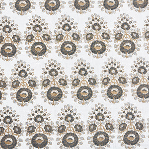 A black and gold paisley pattern, showcasing the exquisite traditional craftsmanship of John Robshaw's Lanka Metallic Fabric hand block printed fabrics.