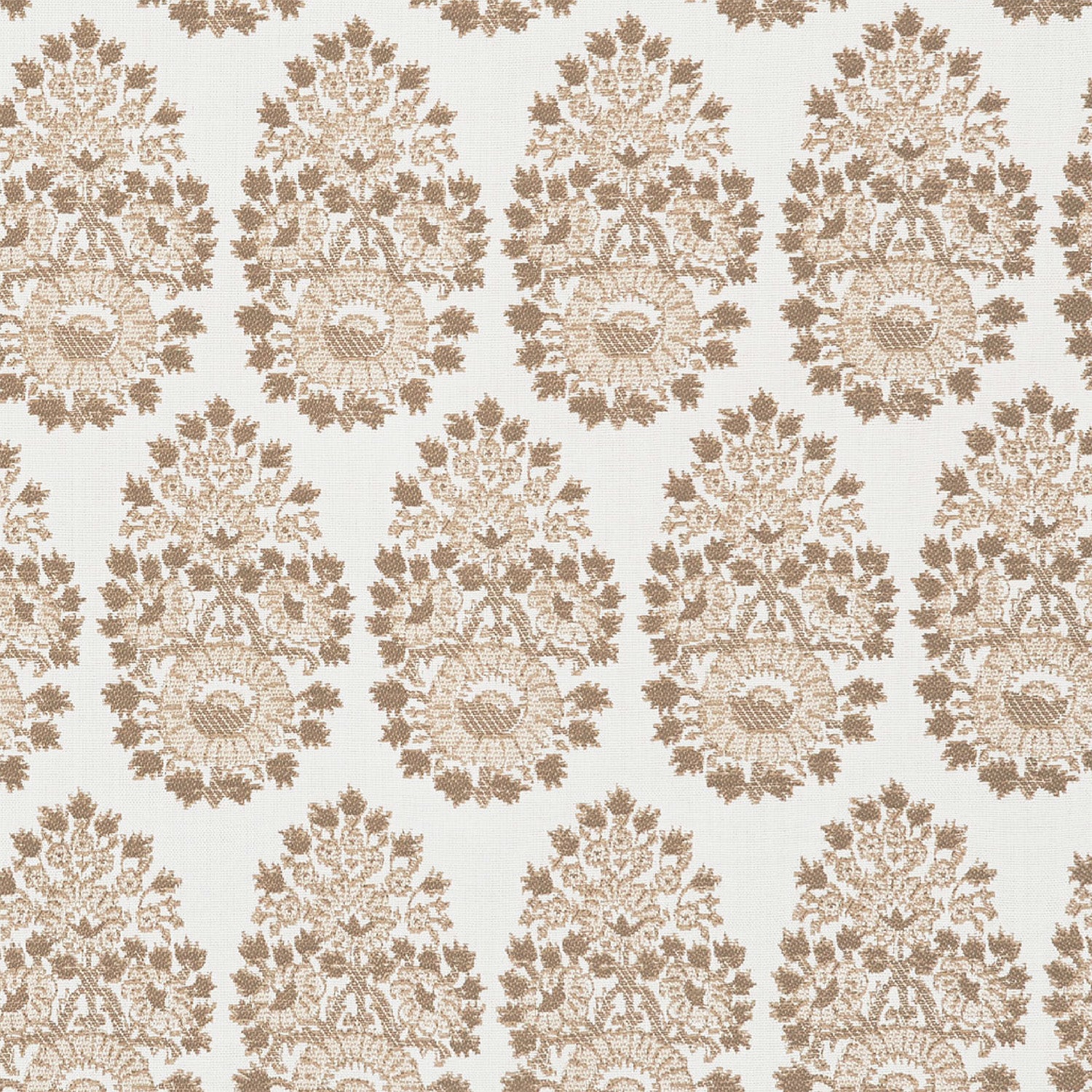A beige and brown paisley pattern on a white background, featuring block prints is showcased on the Lanka Sand Performance Fabric by John Robshaw.