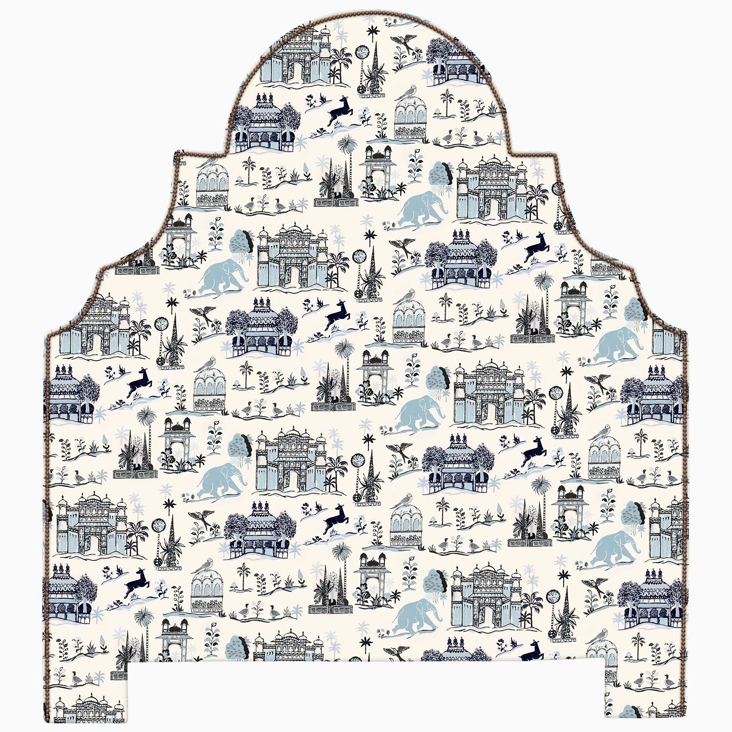 A Custom Dara Headboard by John Robshaw with a blue and white pattern available for shipping.