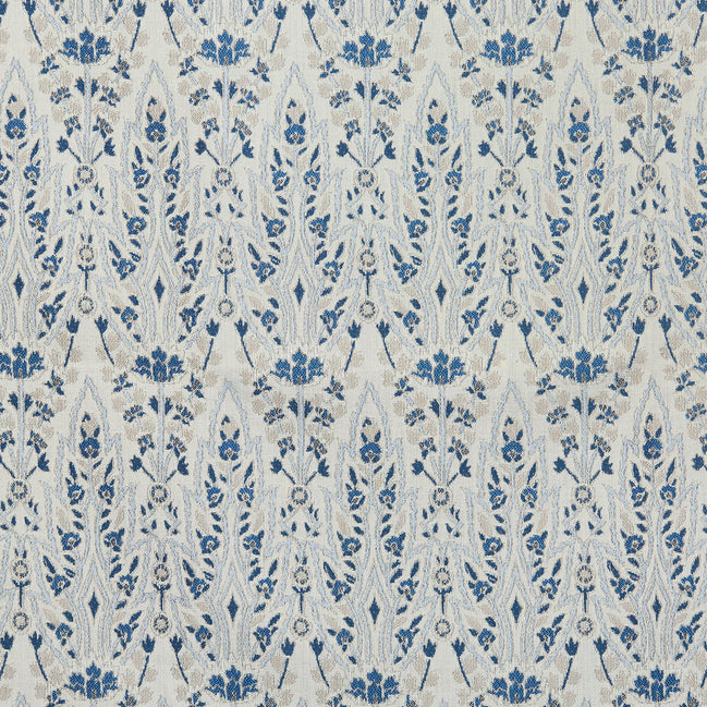 A Marmar Azure Performance Fabric by John Robshaw, blue and white patterned fabric.