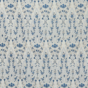A Marmar Azure Performance Fabric by John Robshaw, blue and white patterned fabric.