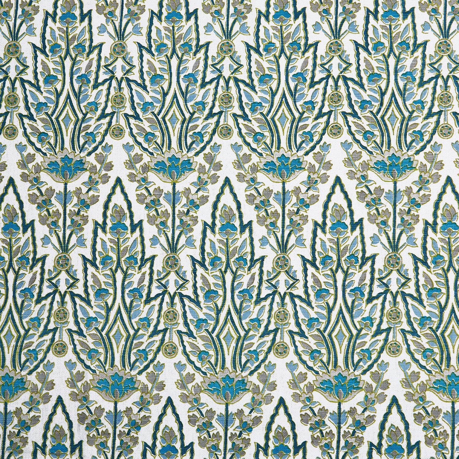 Blue and green Marmar Peacock Fabric pattern on a white background inspired by Mughal gardens, designed by John Robshaw.