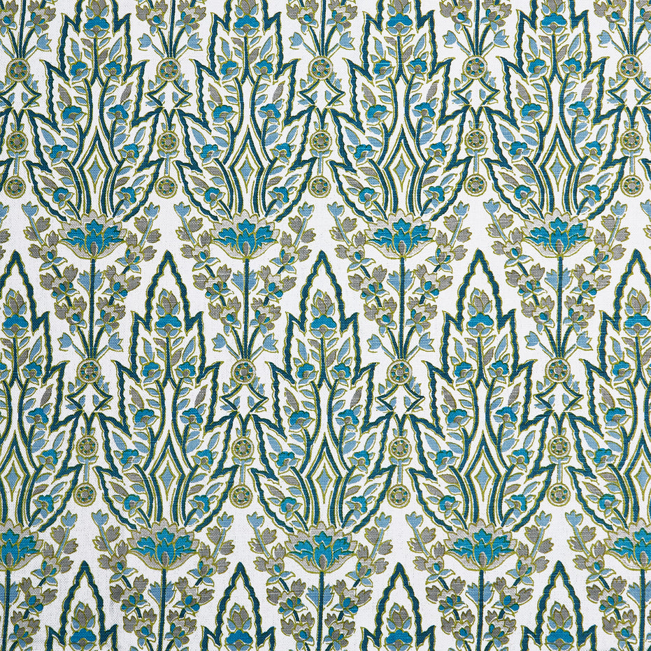 Blue and green Marmar Peacock Fabric pattern on a white background inspired by Mughal gardens, designed by John Robshaw.