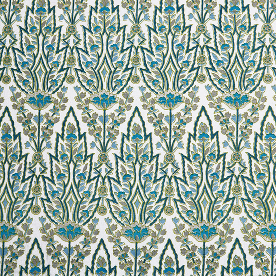 Blue and green Marmar Peacock Fabric pattern on a white background inspired by Mughal gardens, designed by John Robshaw.