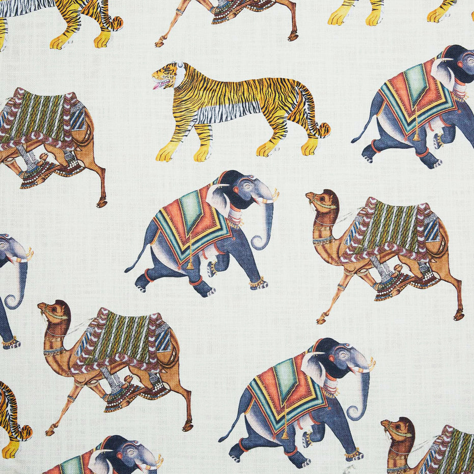 A John Robshaw Palwasha Fabric line featuring elephants, tigers, and camels.