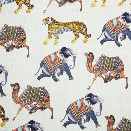 A John Robshaw Palwasha Fabric line featuring elephants, tigers, and camels.