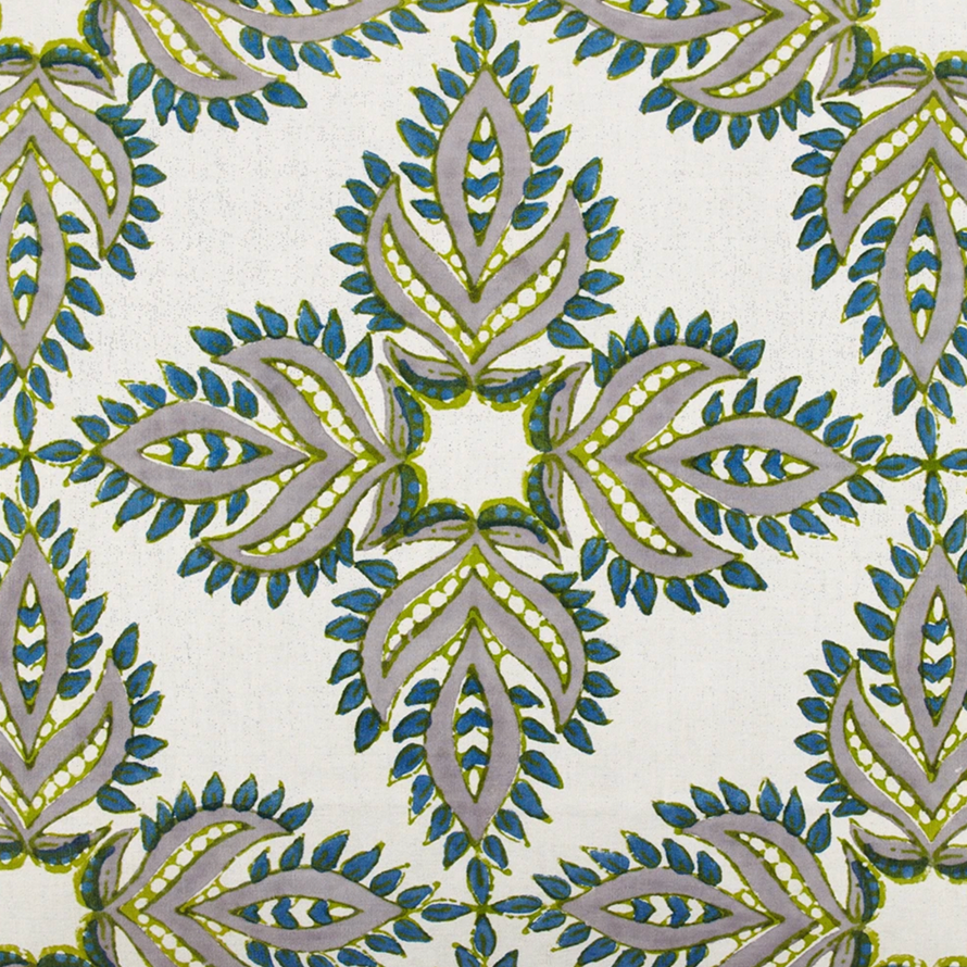 A John Robshaw Verdin Euro hand block printed blue and green leaf pattern on a white background.