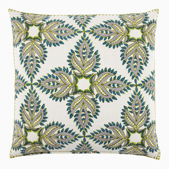 A John Robshaw Verdin Euro hand block printed decorative pillow with a green and blue design.