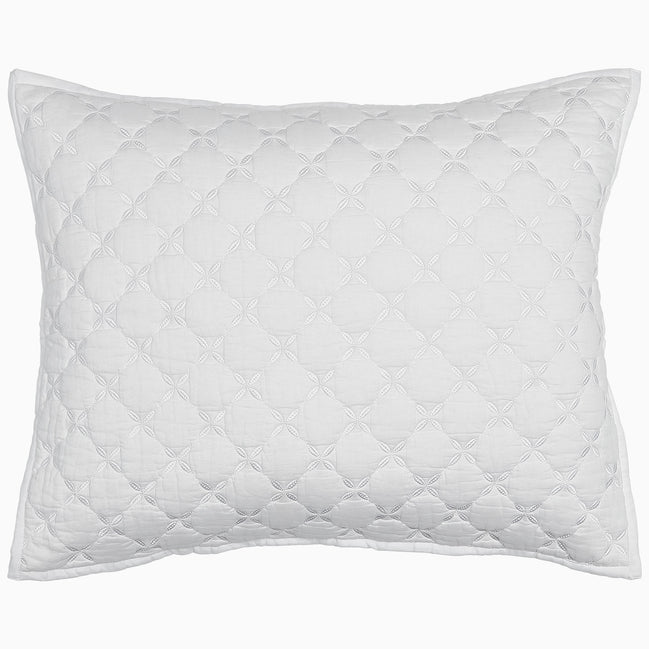 A John Robshaw Layla White Quilt on a cotton voile background.