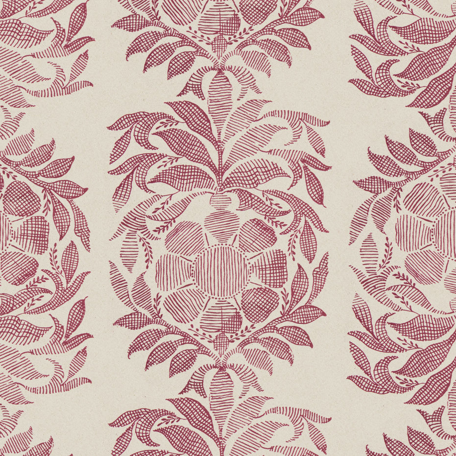 A burgundy and beige floral pattern on a beige background, digitally printed for exceptional Yashi Berry Fabric quality by John Robshaw.