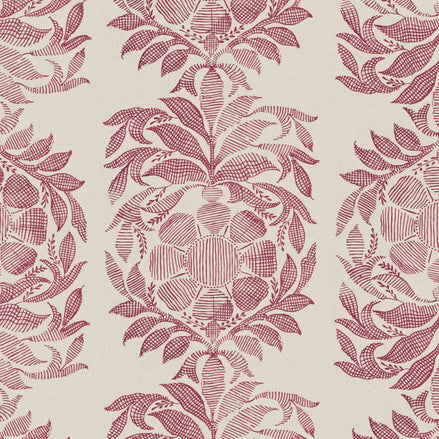 A burgundy and beige floral pattern on a beige background, digitally printed for exceptional Yashi Berry Fabric quality by John Robshaw.