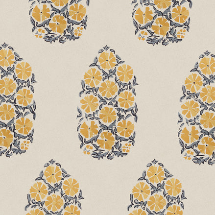 An oversized floral buta print in yellow and grey on a beige background, featuring the Saanya Marigold Fabric from John Robshaw.