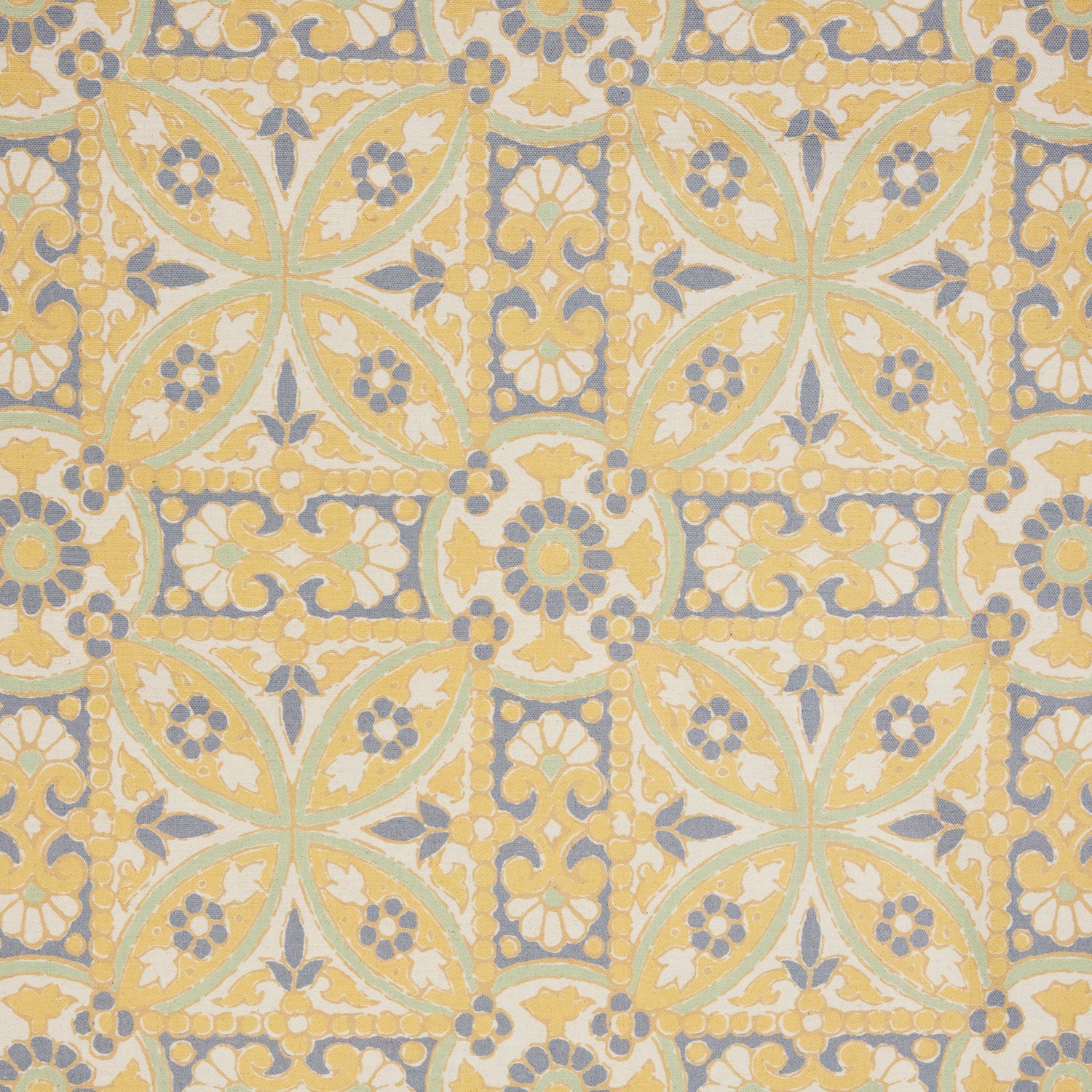 A John Robshaw Oman Marigold Fabric rug with an ornate design in yellow and blue.