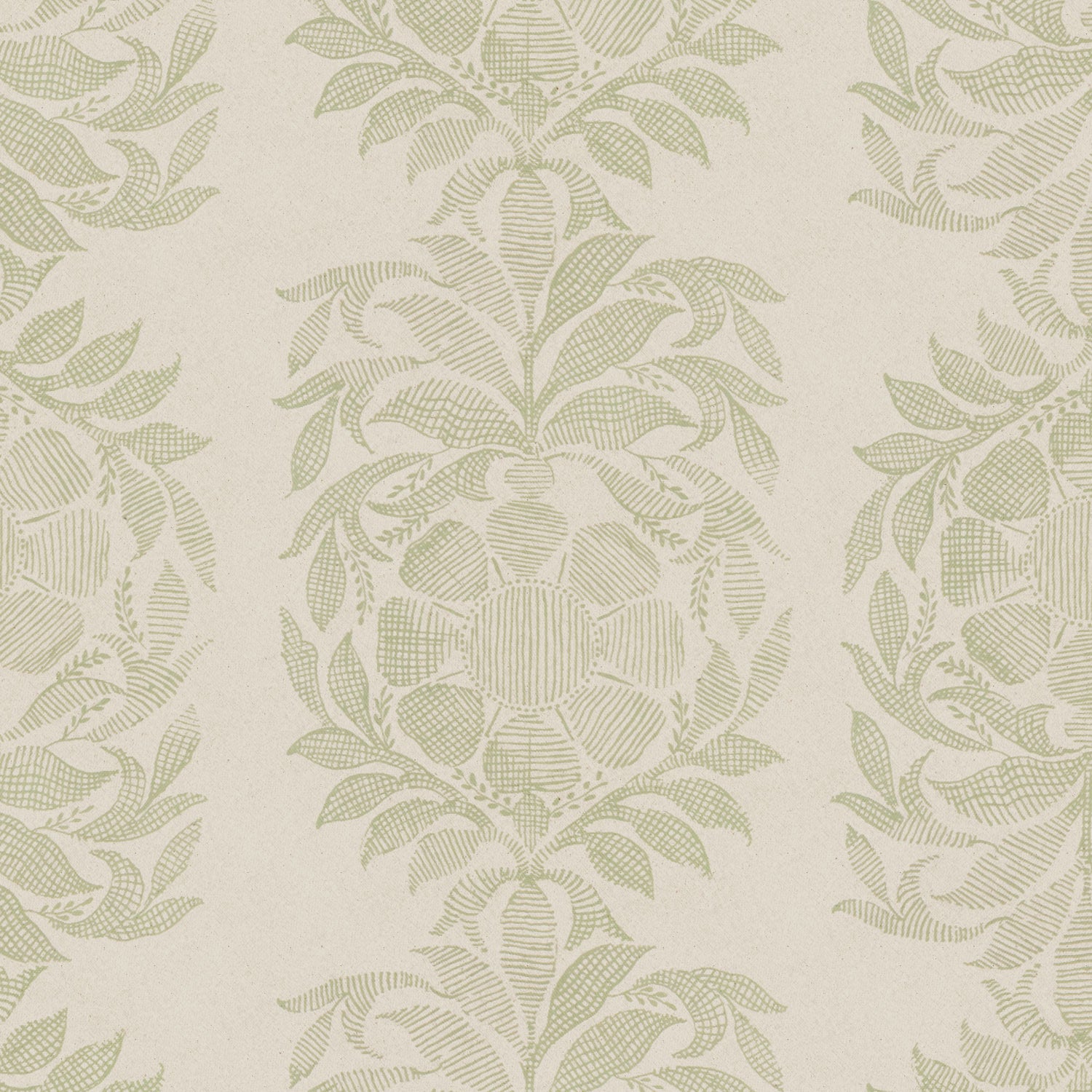 A John Robshaw Yashi Sage Fabric with a green and beige printed design.
