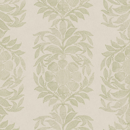 A John Robshaw Yashi Sage Fabric with a green and beige printed design.