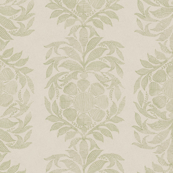 A John Robshaw Yashi Sage Fabric with a green and beige printed design.