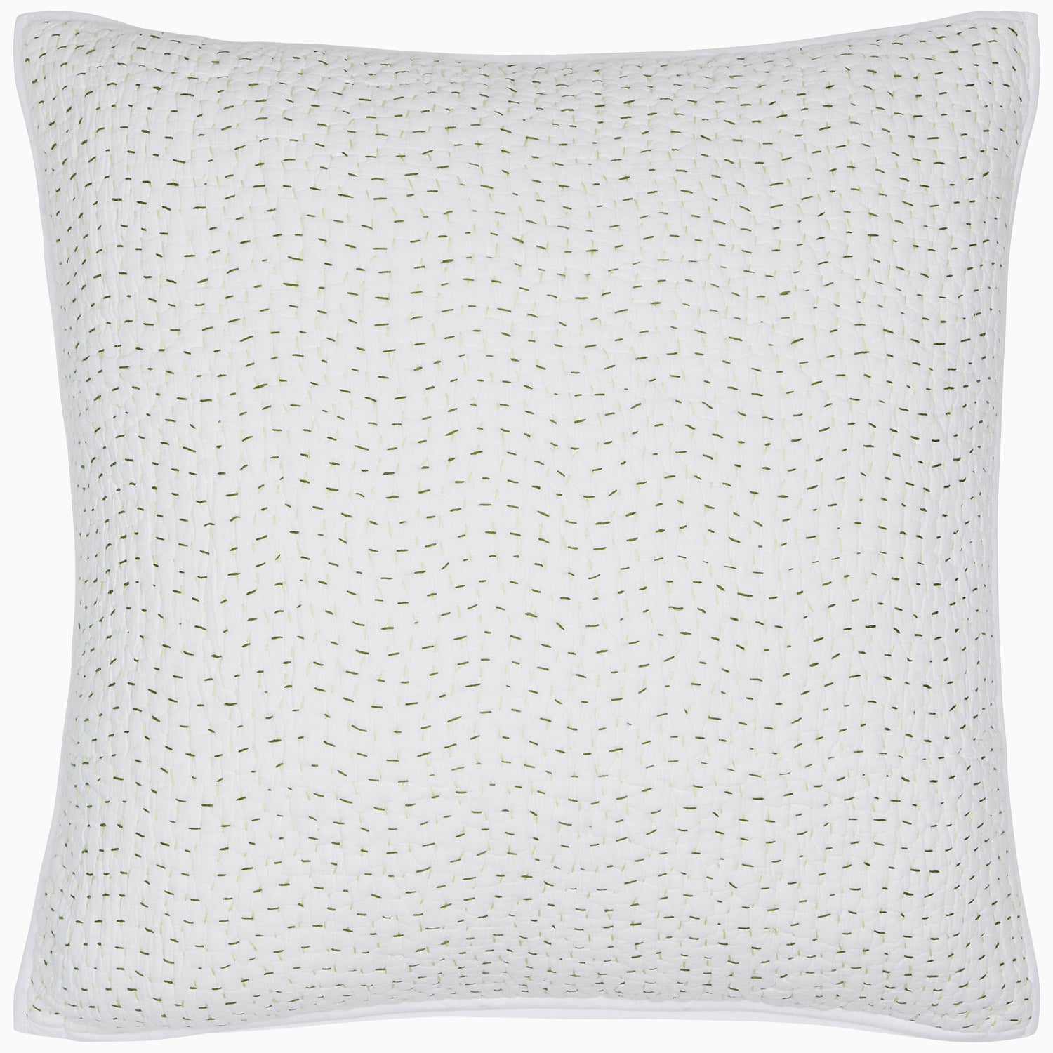 A white pillow hand stitched with gold dots on a John Robshaw Organic Hand Stitched Moss Quilt.