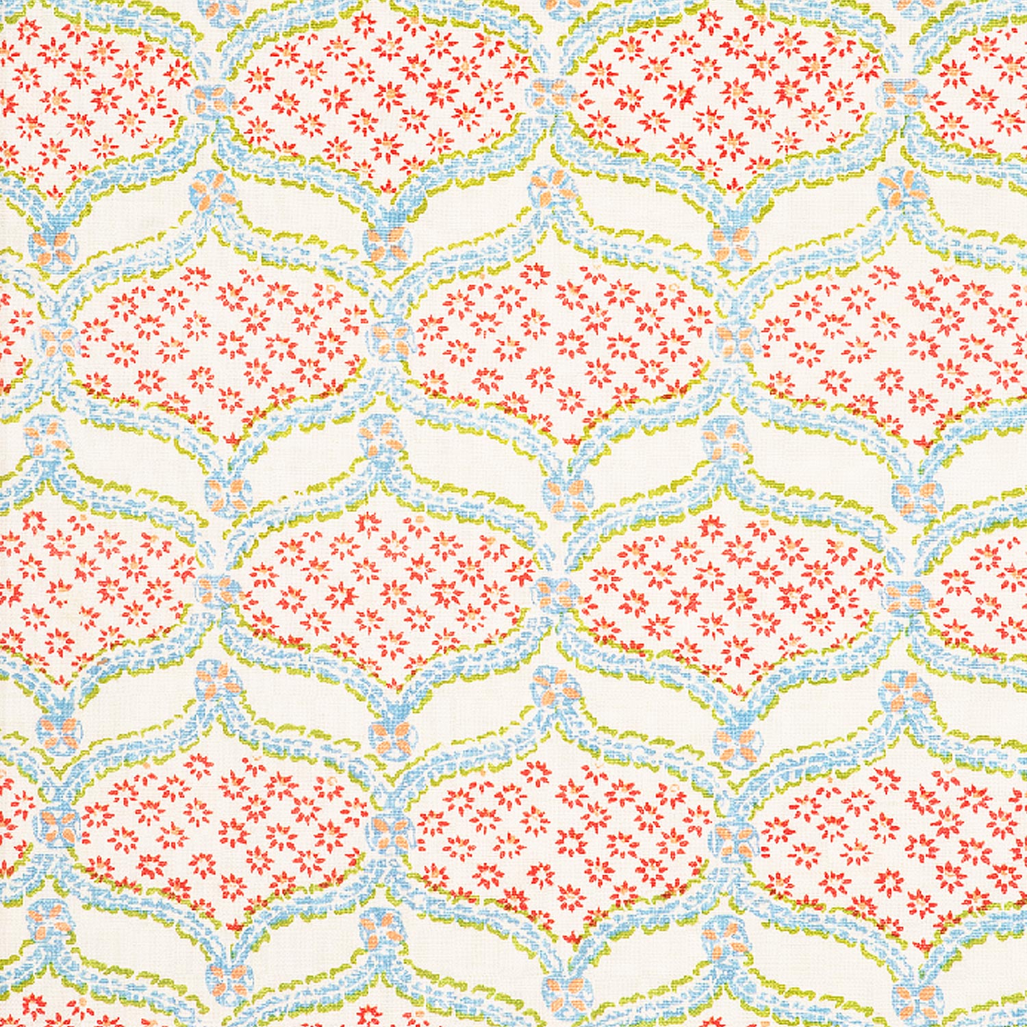 A pink and blue floral pattern on a white background, created using Hasati Lotus Fabric by skilled artisans from John Robshaw.
