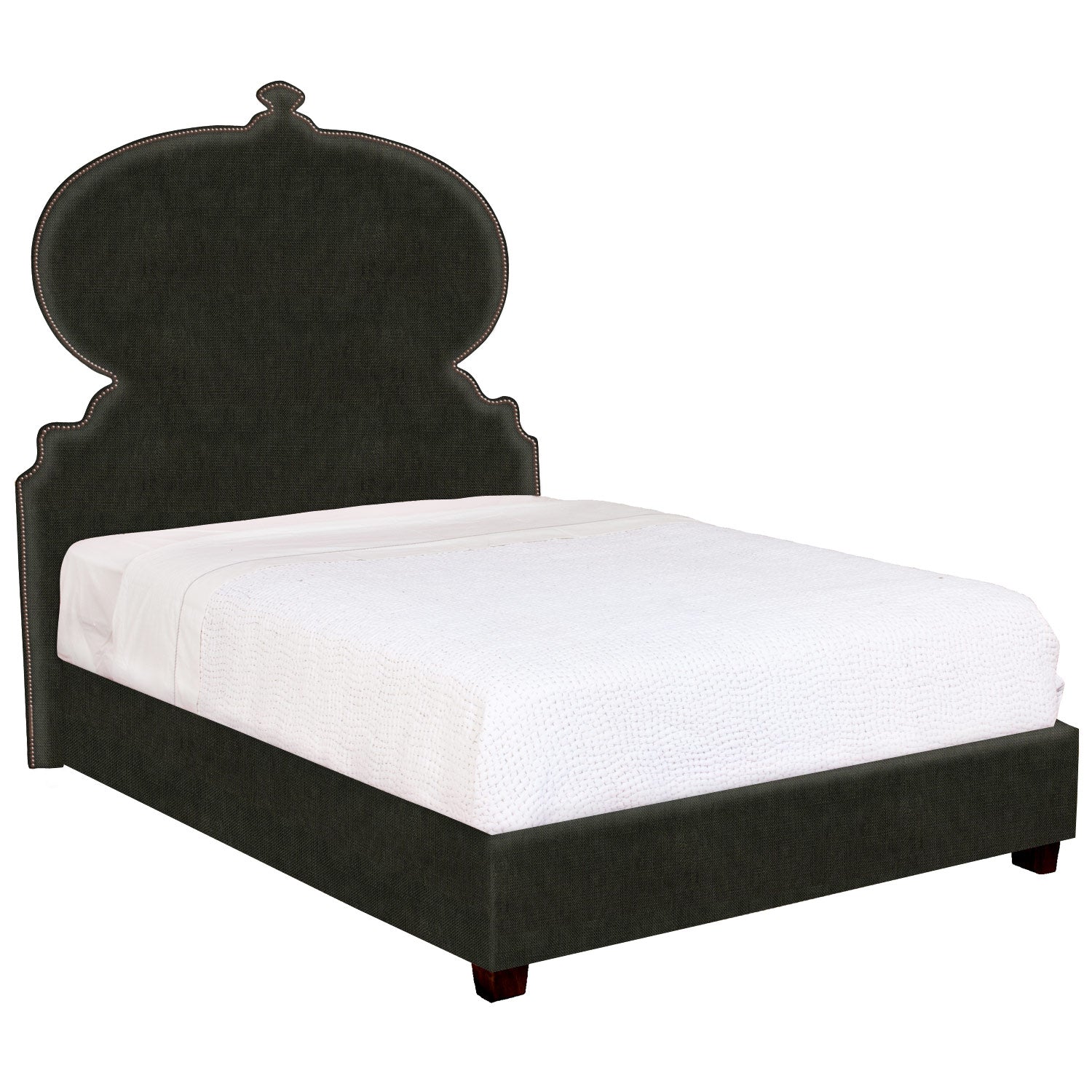 A Custom Orissa Bed with an ornate headboard available for white glove delivery.
