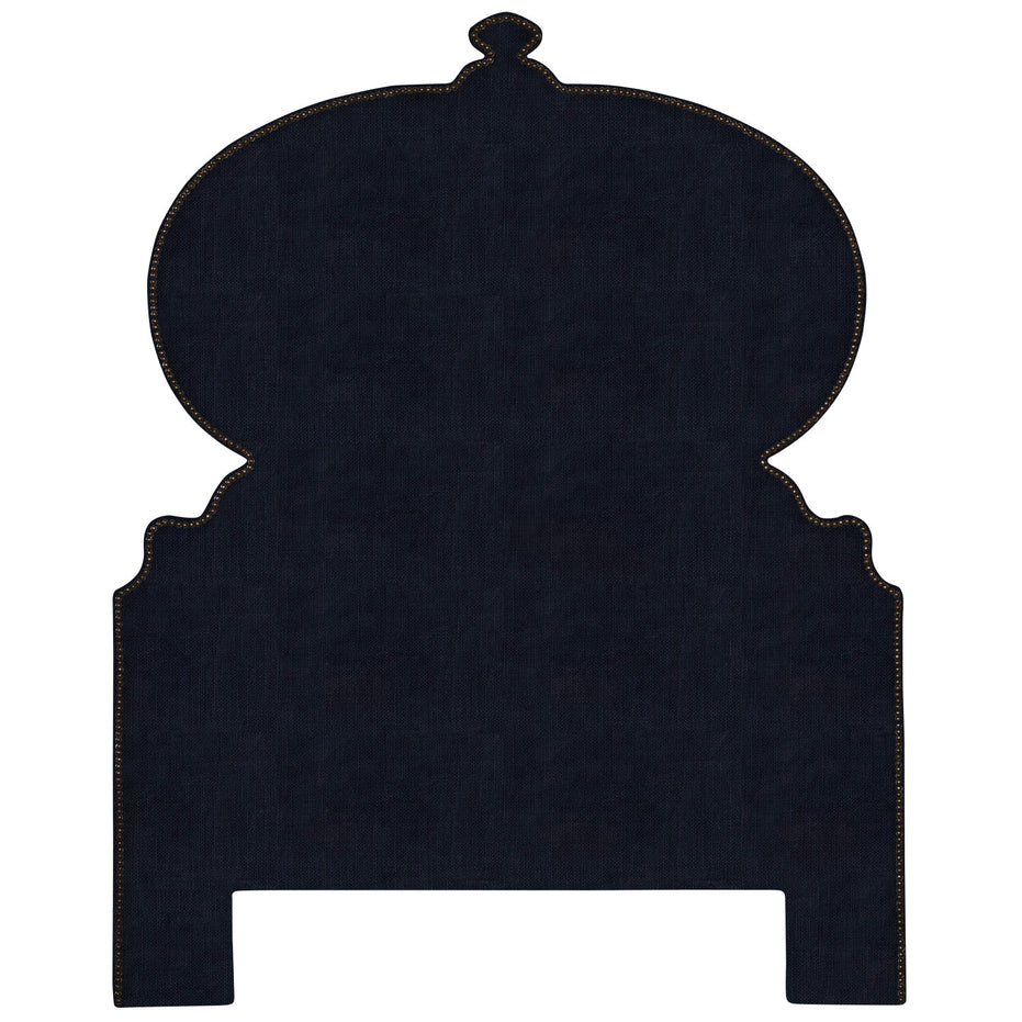 A black velvet Custom Orissa Headboard with an ornate design featuring Mughal architecture elements by John Robshaw.