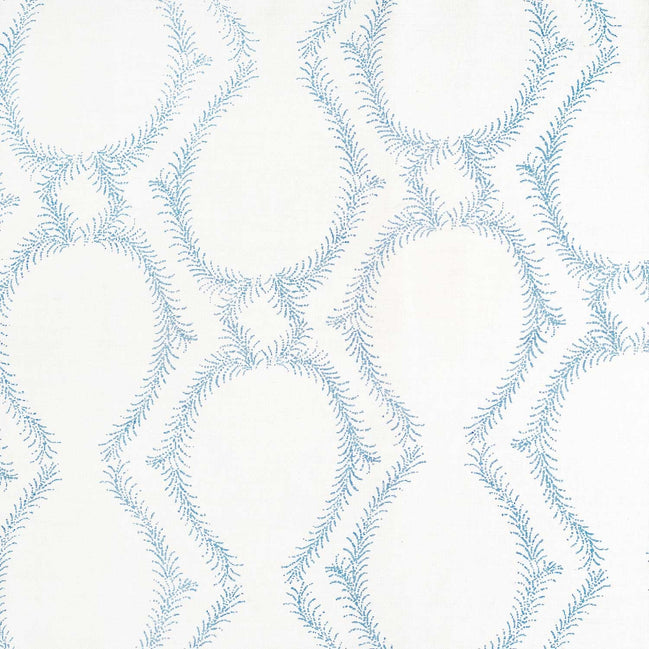 A blue and white pattern inspired by traditional craftsmanship creates a stunning design on a white background, using the Aerial Light Indigo Fabric by John Robshaw.
