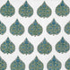 A hand block printed Ratana Peacock fabric in blue and green leaf pattern on a white linen/cotton blend fabric, showcasing traditional craftsmanship by John Robshaw.