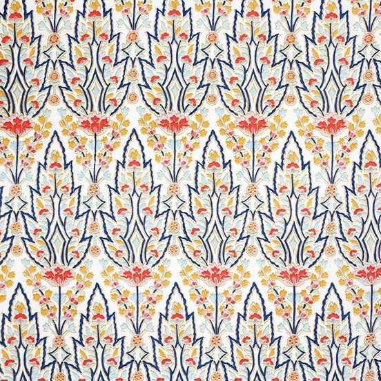 A hand block printed Marmar Kashmir Fabric blue and orange floral pattern on a white background, inspired by Mughal gardens, by John Robshaw.